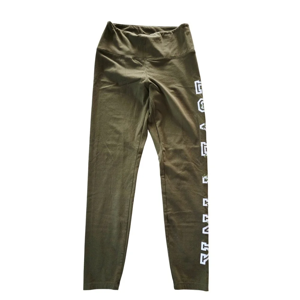 PINK‎ Victoria's Secret Olive Green Floral Logo Leggings L Athleisure